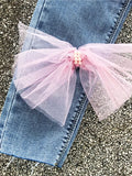 Gwmlk Women's Jeans High Waist Slim Pink Mesh Bowknot Pearls Stretch Female Denim Ankle-Length Pants 2024 Summer New Fashion