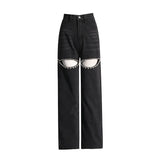 Gwmlk Women's Denim Pants High Waist Loose Hollow Out Diamonds Heart Spliced Long Straight Jeans 2024 Summer New Fashion 29L288