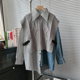 Gwmlk Women 2 Pcs Set Pu Buckle Knitted Shawl Vest Cardigan Stripes Asymmetric Spliced Denim Shirt Suits 2024 Summer New Fashion