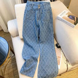 Gwmlk Women's Jeans High Waist Solid Color Plaid Straight Ripped Wide Leg Full Length Denim Pants 2024 Summer New Fashion L2997