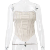 Gwmlk Tassels Corset Top White Strapless Satin Crop Top Vintage Bandage Backless Party Tops For Women Elegant