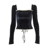 Gwmlk Black Velvet Corset Top Square Collar Long Sleeve Blouse For Women Fashion 2024 Spring Autumn Elegant Blouses And Shirts