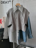 Gwmlk Women 2 Pcs Set Pu Buckle Knitted Shawl Vest Cardigan Stripes Asymmetric Spliced Denim Shirt Suits 2024 Summer New Fashion