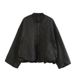 Gwmlk 2024 Women Oversize Crop Bomber Jacket Coat Vintage Puff Sleeve Zipper Female Short Outerwear Chic Tops