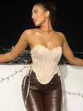 Gwmlk Bandage Satin Corset Top Women Strapless Backless Asymmetrical Crop Top Sexy Night Club Party Corsets Cami Tops Black White