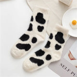 Gwmlk Women Winter Fuzzy Plush Slipper Socks Warm Funny Cartoon Cow Print Kawaii Socks Harajuku Cute Thicken Floor Sleep Sock