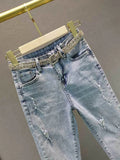 Gwmlk Women Jeans High Waist Solid Color Slim Tassel Diamonds Belt Denim Ankle-Length Pencil Pants2024 Summer New Fashion 29L1698