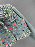 Gwmlk Women's Denim Coat Full Pearls Colored Beaded Crystal Long Sleeve Cool Burrs Female Jackets 2024 Summer New Fashion 29L4067