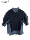 Gwmlk Women's Pullover O-neck Knitting Patchwork Denim Short Sleeve Single Breasted Blue Tops 2024 Spring New Fashion 29L3157