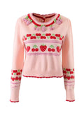 Gwmlk New Fashion Women Sweet Pink Strawberry Cherry Thin Knit Sweater O Neck Long Sleeve Female Crop Pullover Autumn Tops