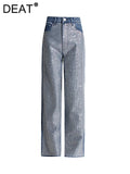 Gwmlk Women's Jeans High Waist Full Diamond Luxury High Quality Straight Wide Leg Denim Pants 2024 Summer New Fashion 29L6127