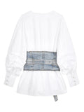 Gwmlk Women Blouse Loose V-neck Puff Sleeve Patchwork Denim Waistband Belt White Pleated Shirt 2024 Summer New Fashion 29L611