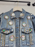 Gwmlk Women's Denim Coat Patch Design Colored Big Crystal Embroidered Flares Rivet Blue Jackets 2024 Summer New Fashion 29L3794