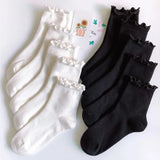 Gwmlk Socks Women White Black Frilly Lolita Style Japanese Maiden Cute Kawaii Cotton Harajuku Princess Crew Socks Calcetines