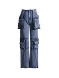 Gwmlk Women's Jeans High Waist Solid Color Loose Multiple Pockets Straight Wide Leg Denim Pants 2024 Summer New Fashion 29L3075