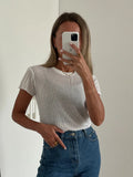 Gwmlk Wool Chic White Elegant Striped See Through Women Tops Outfits Short Sleeve T-Shirts Tees Skinny Club Party Clothes 2024