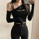 Gwmlk Piece T-Shirt and Cami Crop Top Women Y2K Harajuku Long Sleeve Skew Collar Casual Basic Tight Tees Female Korean Camisetas