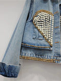 Gwmlk Women's Denim Coat Heart Beading Pearls Gold Rivets Loose Light Blue Long Sleeve Jackets 2024 Summer New Fashion 29L2503
