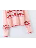 Gwmlk New Fashion Women Sweet Pink Strawberry Cherry Thin Knit Sweater O Neck Long Sleeve Female Crop Pullover Autumn Tops