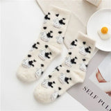 Gwmlk Women Winter Fuzzy Plush Slipper Socks Warm Funny Cartoon Cow Print Kawaii Socks Harajuku Cute Thicken Floor Sleep Sock
