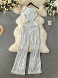 Gwmlk American Retro Sequin Jumpsuit Diagonal Collar Solid Long Wide Legs Pants Romper Elegant Backless Sexy Party Jumpsuits