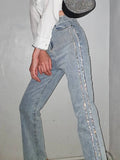 Gwmlk Women's Jeans High Waist Slim White ShinyDiamond Straight Denim Light Blue Pencil Pants 2024 Summer New Fashion 29L2979