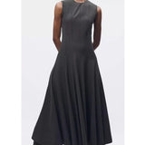 Gwmlk Spring 2024 Women Dark Gray Sleeveless Dress O Neck A-line Pleats Sexy Elegant Ladies Long Dresses