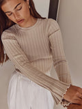 Gwmlk Strip Solid Knitted Sweater Autumn Woman Round Neck Long Flare Sleeve Pullover Casual Simple Basic Jumper Female Sweaters