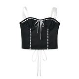 Gwmlk Y2K Lace Spliced White Black Slim Crop Top Women Camisole Sexy Sleeveless Lacing Up Bandage Black Summer Tank Tops