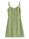 Gwmlk 2024 Women Vintage Green Floral Print Thin Strap Chiffon Dress French Style Ladies A-line Short Summer Dress Sling Robe
