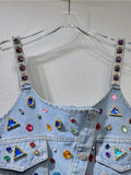 Gwmlk Women Denim Camis Colorful Diamond Crystal Single Breasted Sleeveless Slim Short Tank Tops 2024 Summer New Fashion 29L1301