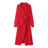 Gwmlk New 2024 Women Red Lacing Up Wrap Red Shirt Dress Long Sleeve Lapel Collar Female Spring Dress Midi Vestidos
