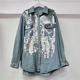Gwmlk Women's Denim Shirt Loose Patchwork Full Sequins Single Breasted Blue Long Sleeve Blouse 2024 Summer New Fashion 29L6408