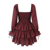 Gwmlk Sexy Elegant Women Front Lacing Up Puff Sleeve Cake Dresses Vintage Floral Print Ladies Party Mini Dress Holiday Robe
