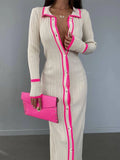 Gwmlk Women Knit Bodycon Sweater Dress Button Down Long Sleeve Lapel Midi Dress Fall Cardigan Knit Dress