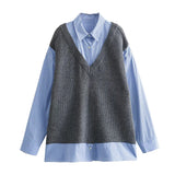 Gwmlk Women Patchwork Shirt Style Knit Sweater Long Sleeve Lapel Collar Female Oversize Pullover