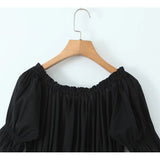 Gwmlk Summer Women Lace Up Round Neck Black Midi Dress Vintage Short Puff Sleeve Elastic Waist Lady A-line Holiday Robe