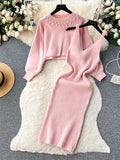 Gwmlk Pearls Knitted Suits Winter O Neck Long Sleeves Pullover+Strap Slim Bodycon Dress Female Elegant Striped Sweater Sets