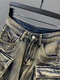 Gwmlk Women's Jeans High Waist Retro Gradient Blue Multiple Pockets Straight Wide Leg Denim Pants 2024 Summer New Fashion 29L3125