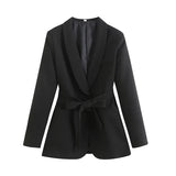 Gwmlk 2 Pieces Set Women Suit V-neck Long Sleeve Blazer With Belt High Waist Trousers Outfits For Female Casual Commute Suits