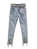 Gwmlk Women Jeans High Waist Solid Color Slim Tassel Diamonds Belt Denim Ankle-Length Pencil Pants2024 Summer New Fashion 29L1698