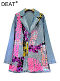 Gwmlk Women's Denim Suit Coat Pink Sequins Crystal Single Breasted Asymmetric Hand-Painted Blazer 2024 Summer New Fashion 29L7127