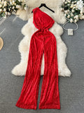 Gwmlk American Retro Sequin Jumpsuit Diagonal Collar Solid Long Wide Legs Pants Romper Elegant Backless Sexy Party Jumpsuits