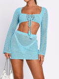 Gwmlk Women Sexy Crochet Knit 2 Piece Outfit Hollow Out Swimwear Bikini Cover Ups See Through Mini Bodycon Beach Sarongs Dress