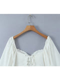 Gwmlk Sexy Women Lace Spliced White Crop Blouse Vintage Lantern Sleeve Back Bandage Backless Ladies Summer Tops