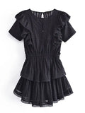 Gwmlk 2024 Fashion Women Lace Trim Ruffle Short Dress O Neck Elastic Waist A-line Ladies Summer Dress Cake Robe