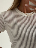 Gwmlk Wool Chic White Elegant Striped See Through Women Tops Outfits Short Sleeve T-Shirts Tees Skinny Club Party Clothes 2024
