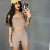 Gwmlk Knitted Slim 2 Piece Sets Women Sleeveless Fashion Bra Tops With Bodycon Shorts Outfits 2024 Summer New Casual Sexy Suits