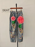 Gwmlk Women's Jeans High Waist Straight Embroidered Flares Hollow Out 3d Pleated Lace Flowers Denim Pants 2024 Summer New Fashion