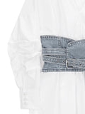 Gwmlk Women Blouse Loose V-neck Puff Sleeve Patchwork Denim Waistband Belt White Pleated Shirt 2024 Summer New Fashion 29L611